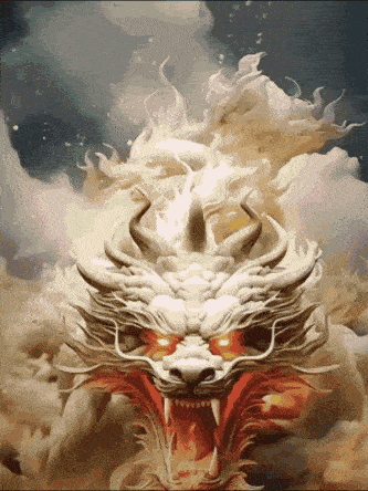 a painting of a dragon in the clouds with its mouth open