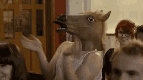 a woman wearing a horse mask is dancing in a crowd of people .