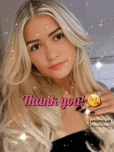 a picture of a blonde woman with the words thank you