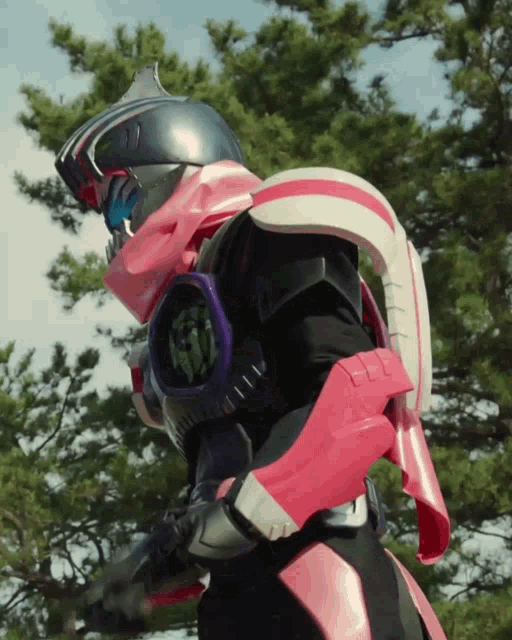 a person in a pink and black costume stands in front of a forest