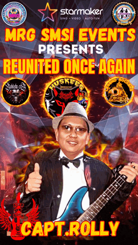 a man in a tuxedo is holding a guitar and giving a thumbs up on a poster that says capt rolly