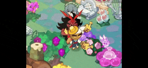 a cartoon character is standing in a garden surrounded by flowers and plants .