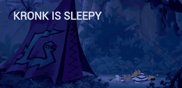a cartoon character laying down with the words kronk is sleepy below him