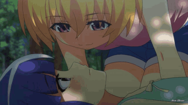a drawing of two anime girls kissing with a watermark that says ' jm ' on the bottom right