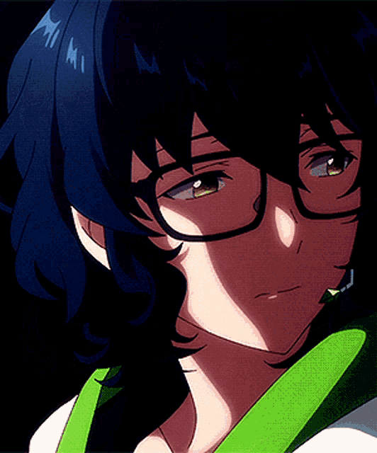 a blue haired anime character with glasses and a green earring