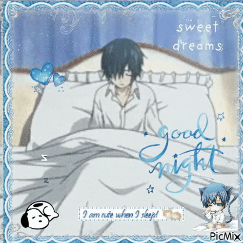 a picture of a boy in a bed with the words sweet dreams written on it