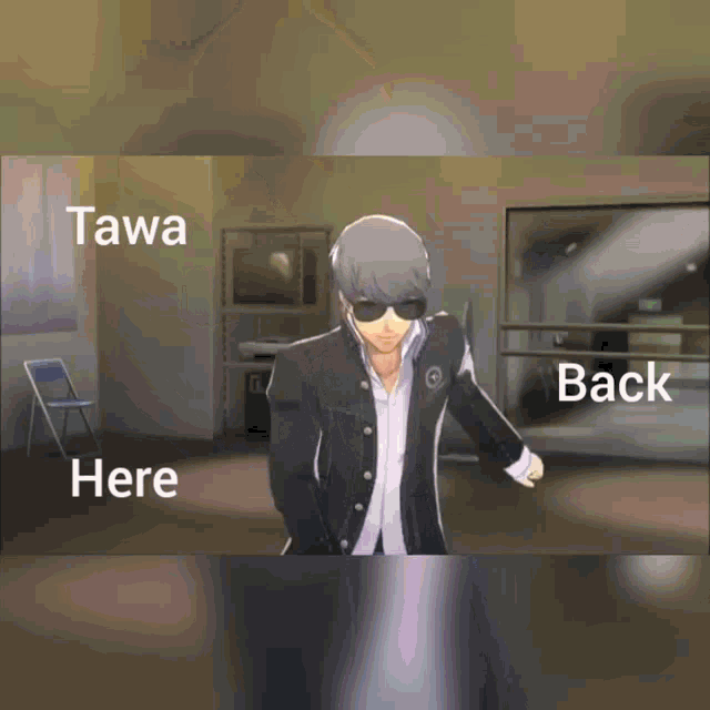 a video game character is dancing with the words tawa here and back above him
