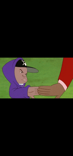 a cartoon character wearing a purple hoodie is shaking hands with another person .