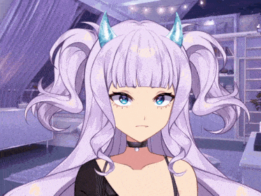 a girl with purple hair and blue eyes has horns