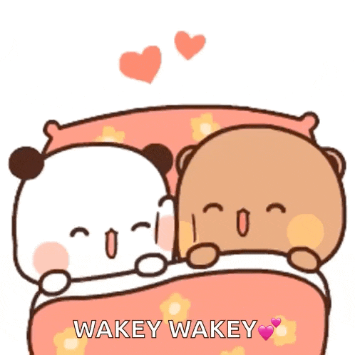 a couple of bears laying on a bed with the words wakey wakey written below them