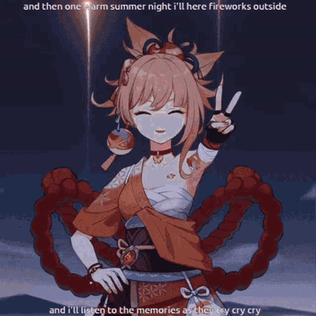 a girl is standing in front of a fireworks display with the words and then one warm summer night 'll here fireworks outside