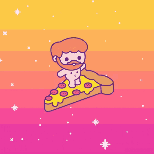 a man with a beard is standing on a pizza slice