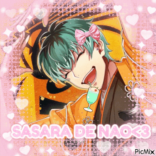 a picture of a boy with green hair and a pink bow on his head with the name sasara de nao on the bottom