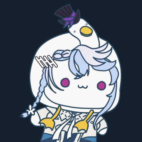 a cartoon character with a bird on top of her head