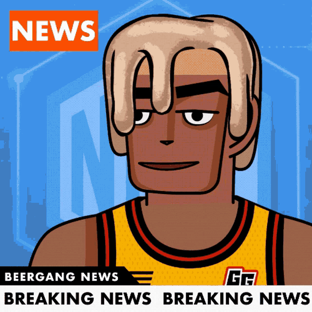 a cartoon of a man in a yellow jersey with the words beergang news breaking news breaking news on it