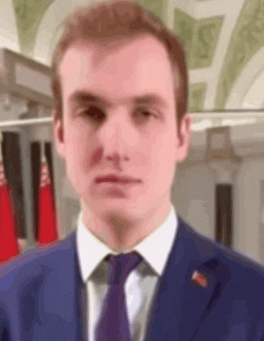 a man in a suit and tie stands in front of red flags .