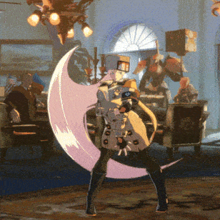 a video game character is standing in a room with people sitting at tables