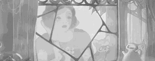 a black and white painting of a person looking out of a window .