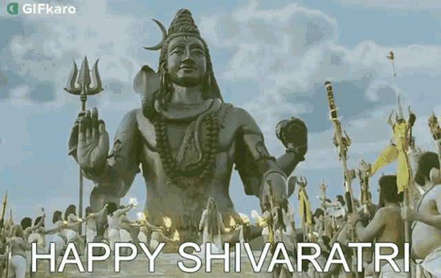 a statue of shiva is surrounded by people and the words happy shivaratri are written below it