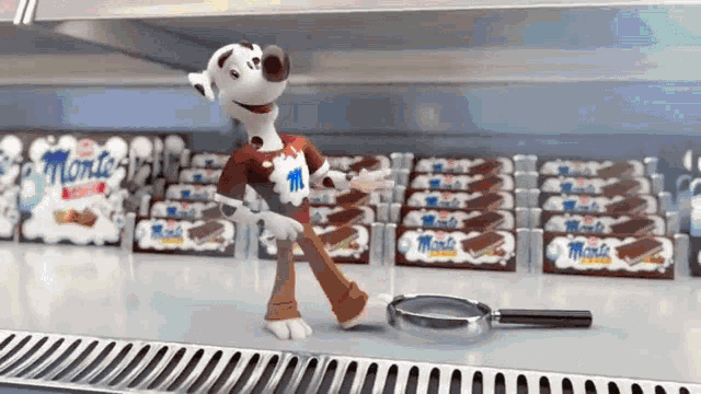 a cartoon character holding a magnifying glass in front of a shelf full of monte chocolate bars