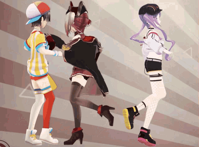 a group of three anime girls are standing next to each other on a striped background