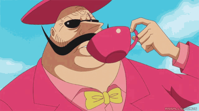 a cartoon character drinking from a pink cup
