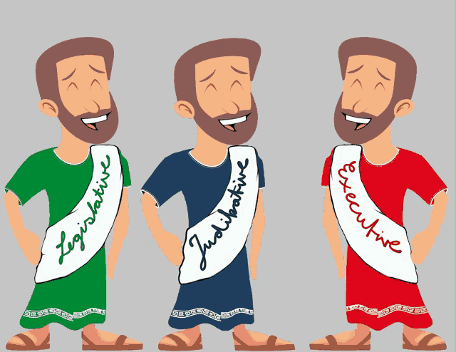a cartoon of three men with sashes that say legislative executive and judiciary
