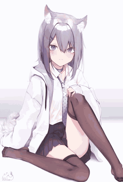 a drawing of a girl with a cat ear sitting on a couch
