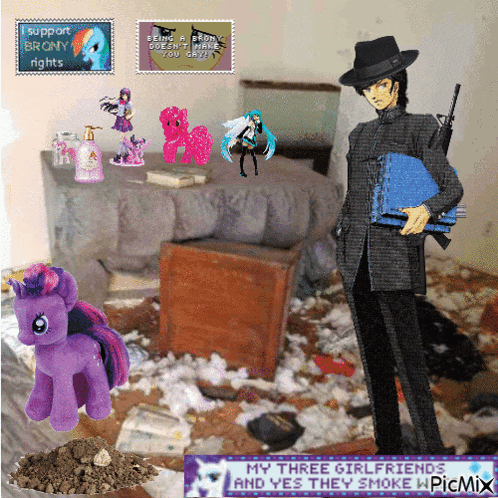 a collage of ponies and a man with a gun says my three girlfriends and yes they smoke picmix