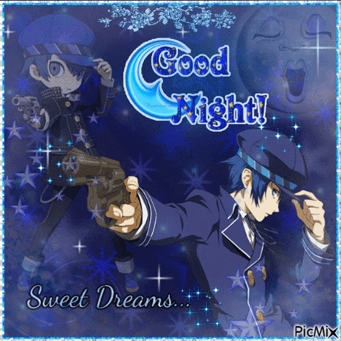 a picture of a man holding a gun and the words good night sweet dreams