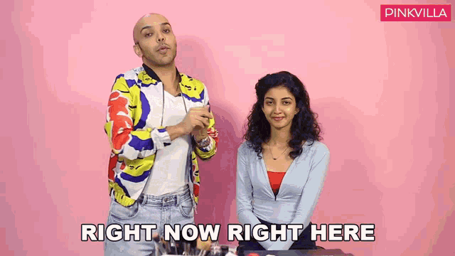 a man and a woman are standing next to each other with the words right now right here written below them