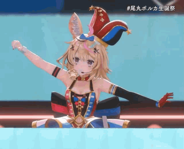 a girl with a jester hat is sitting on a stage