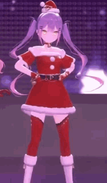 a girl with purple hair is wearing a santa claus costume and a santa hat .