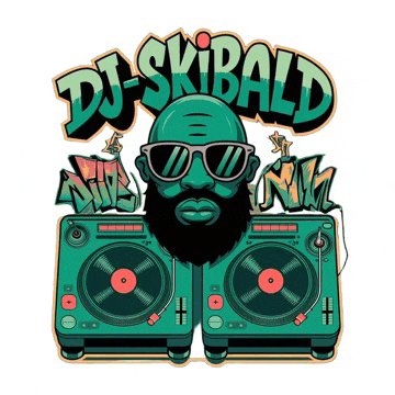 a cartoon illustration of a man with a beard wearing sunglasses and a pair of turntables with the name dj skibald on it