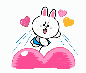 a cartoon rabbit is jumping over a pink heart with hearts around it .