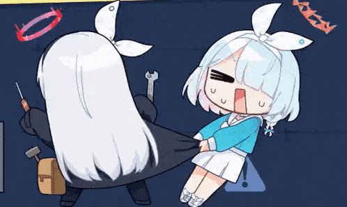 a cartoon of a girl with white hair holding another girl 's arm .