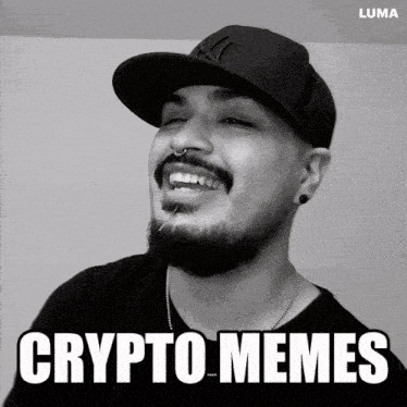 a black and white photo of a man wearing a new york yankees hat with the words crypto memes below him