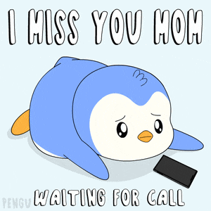 a penguin is laying down next to a cell phone with the words i miss you mom waiting for call