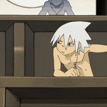 a cartoon character with white hair and red eyes is standing in a box