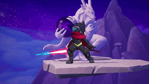 a cartoon character is standing on a rock with a sword in his hand