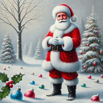 a painting of santa claus standing in a snowy field