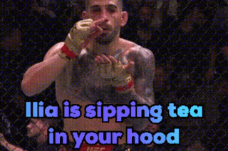 a man in a boxing ring with the words ilia is sipping tea in your hood