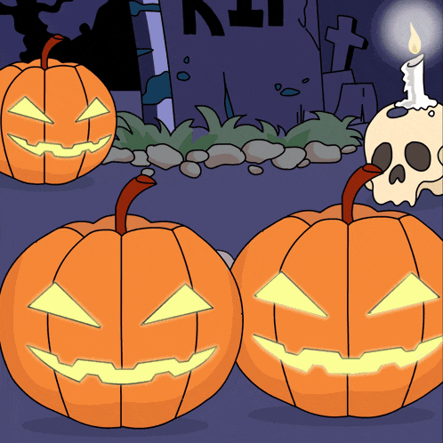 a cartoon drawing of halloween pumpkins and a skull with a candle