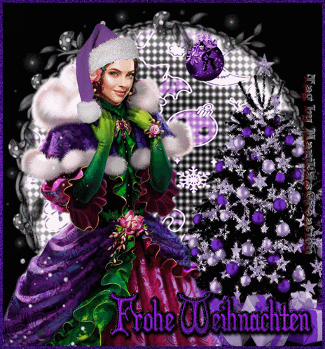 a christmas card with a woman in a purple dress and a purple christmas tree