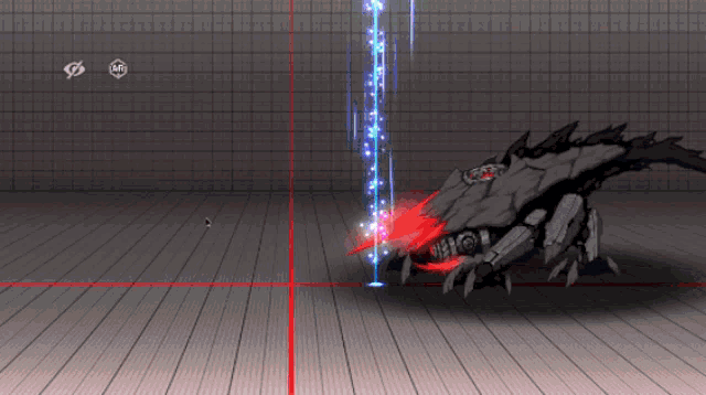 a video game screen shows a monster with a red glowing mouth and a red line