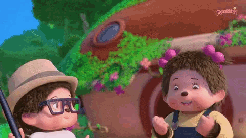 two cartoon characters are standing next to each other in front of a house that says monchhick on it