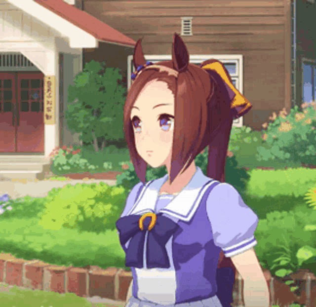 a girl with horse ears is standing in front of a wooden building