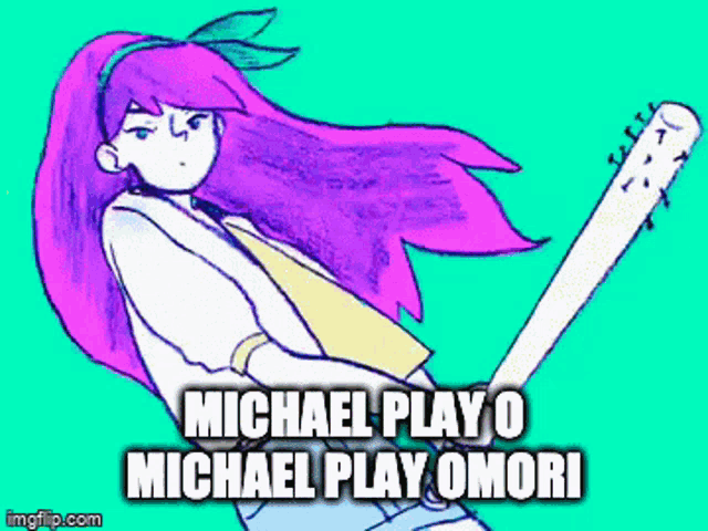 a drawing of a girl with purple hair holding a baseball bat