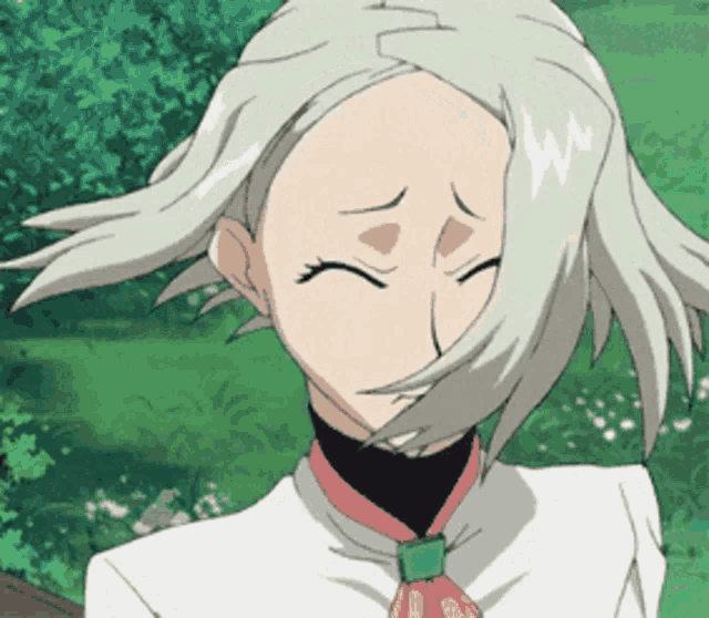 a cartoon girl with white hair and a red tie