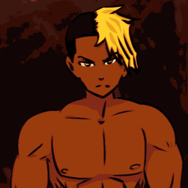 a cartoon drawing of a shirtless man with a half black and half yellow hair